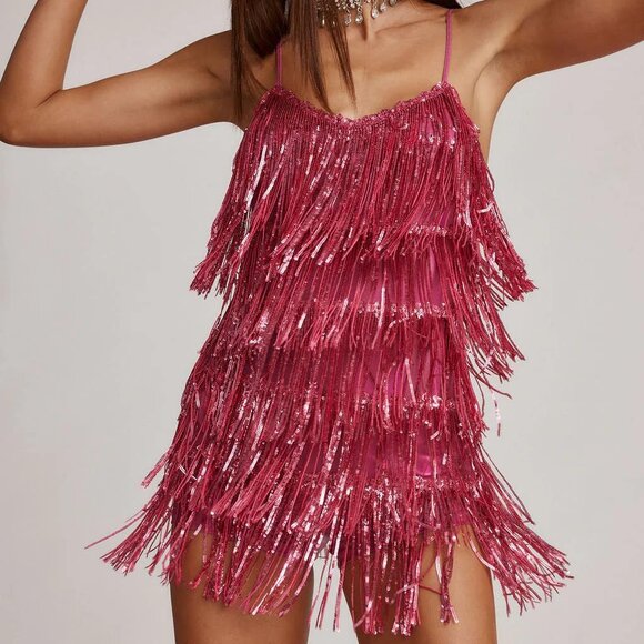 12th Tribe Talia Pink Sequin Fringe Romper - Size Medium - Picture 1 of 3